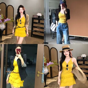 陈六六【仲夏甜心】元气明媚显白气质黄色针织吊带背心短款半身裙