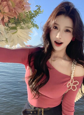 陈六六CHENLIULIU【心动攻略】纯欲风粉色斜肩舒适软糯针织衫上衣