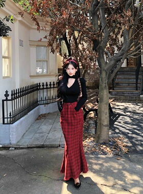 陈六六CHENLIULIU【摩登魅力】复古优雅赫本风格纹高腰鱼尾半身裙