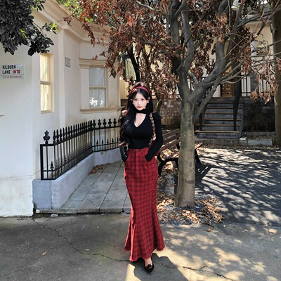 陈六六CHENLIULIU【摩登魅力】复古优雅赫本风格纹高腰鱼尾半身裙