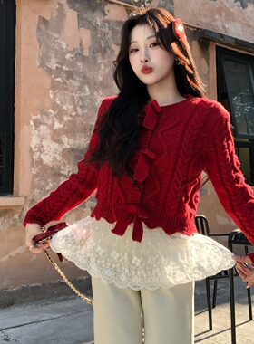 陈六六CHENLIULIU【圣诞心愿】新年节日气氛红色蝴蝶结毛衣上衣