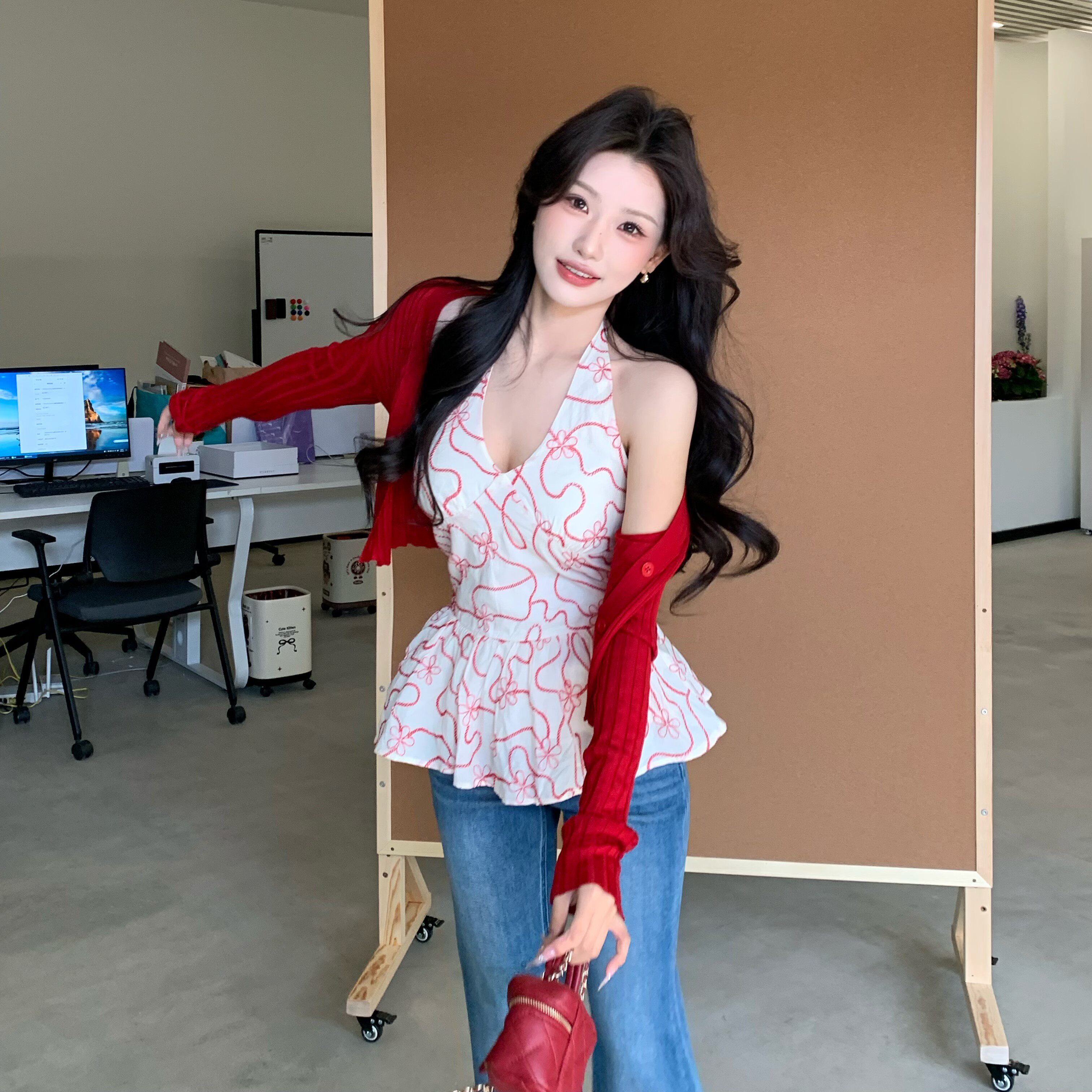 陈六六CHENLIULIU【玫瑰花圃】甜心设计感小众花纹挂脖绑带上衣