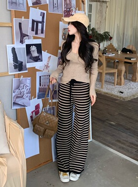 陈六六CHENLIULIU【舒适条纹裤】软糯垂感条纹拼色针织直筒休闲裤