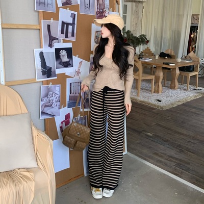 陈六六CHENLIULIU【舒适条纹裤】软糯垂感条纹拼色针织直筒休闲裤