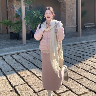 陈六六CHENLIULIU 粉色气质高腰显瘦直筒毛呢半身裙 少女感半裙