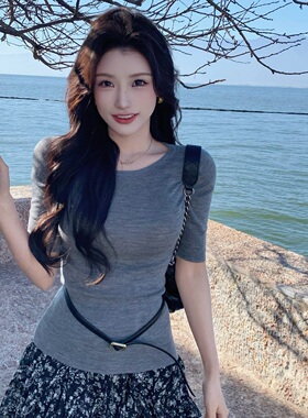 陈六六CHENLIULIU【午后松弛】气质修身显瘦灰色中袖百搭舒适上衣