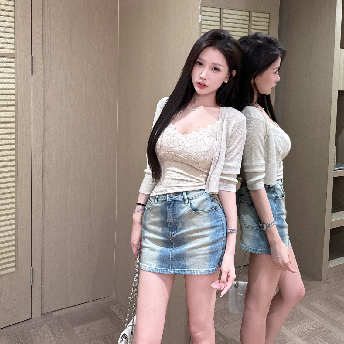 陈六六【长腿加分】甜辣复古美式修身显瘦水洗蓝牛仔短裙半身裙