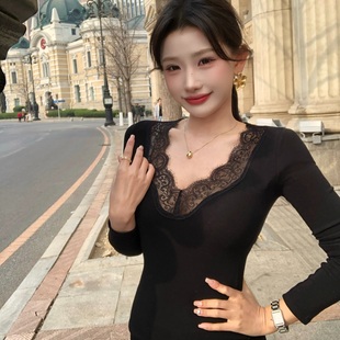 长袖 纯欲v领蕾丝花边修身 打底上衣 欲感拉满 陈六六CHENLIULIU