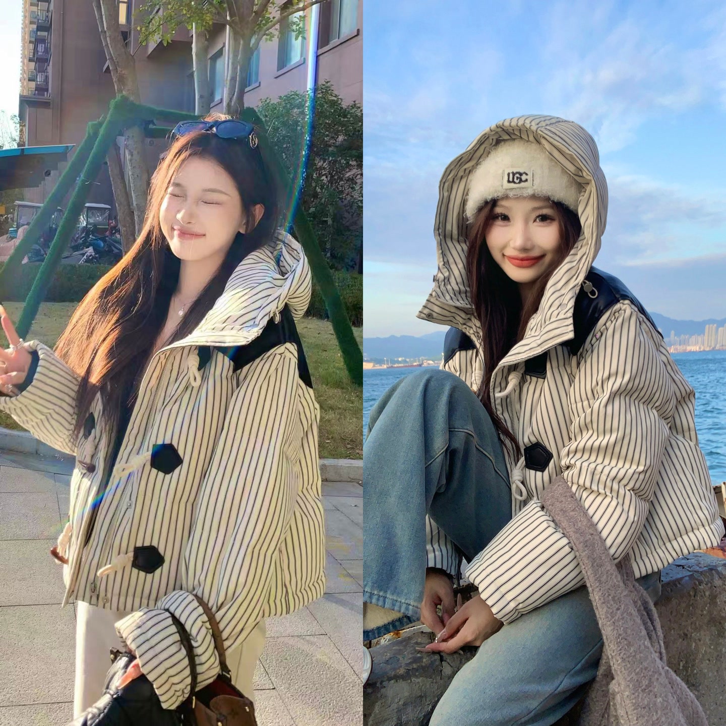 自留b囤！六六超爱牛角扣条纹羽绒服