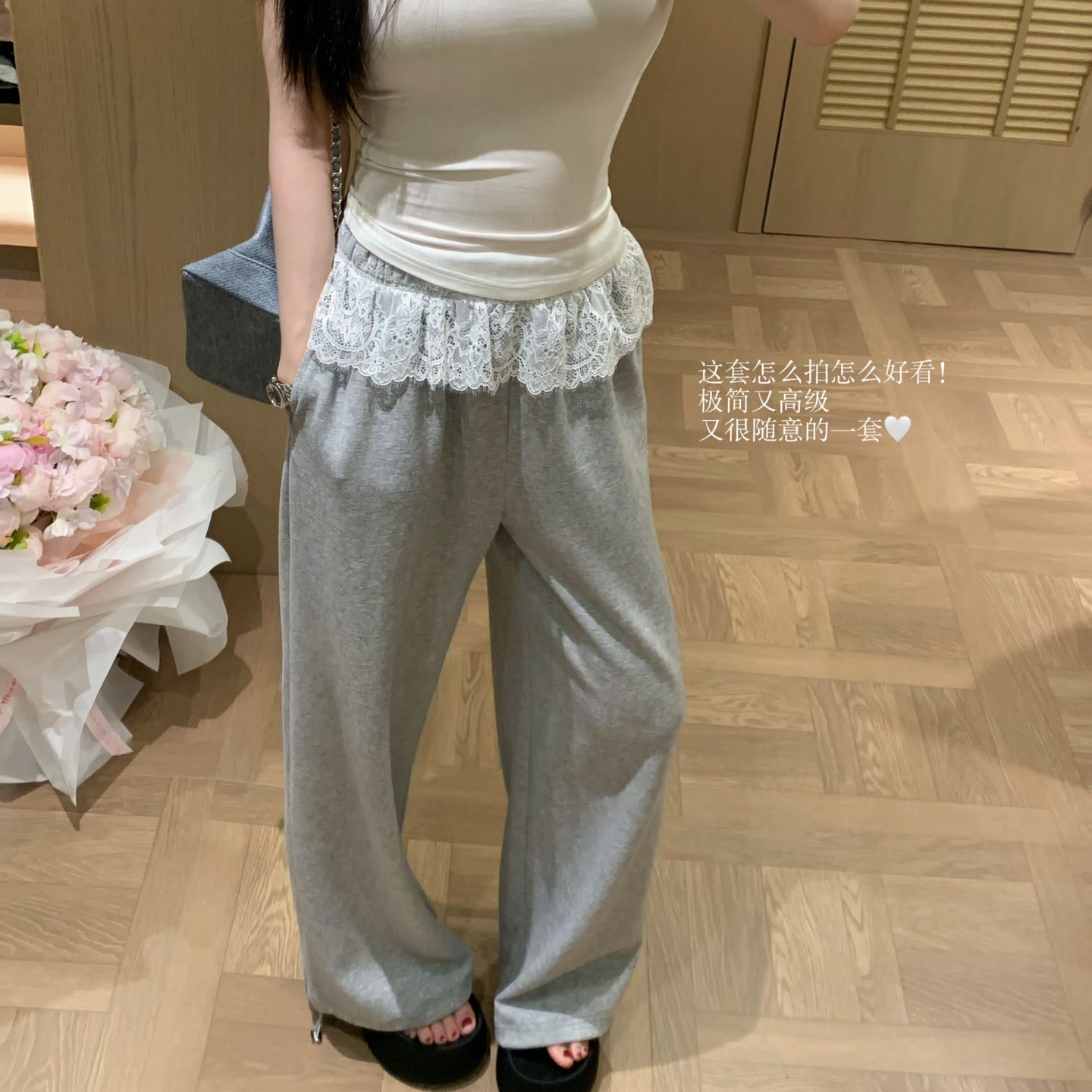 陈六六【蕾丝花边卫裤】灰色设计感蕾丝花边宽松薄款卫裤休闲裤