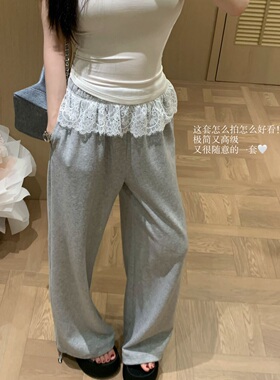 陈六六【蕾丝花边卫裤】灰色设计感蕾丝花边宽松薄款卫裤休闲裤