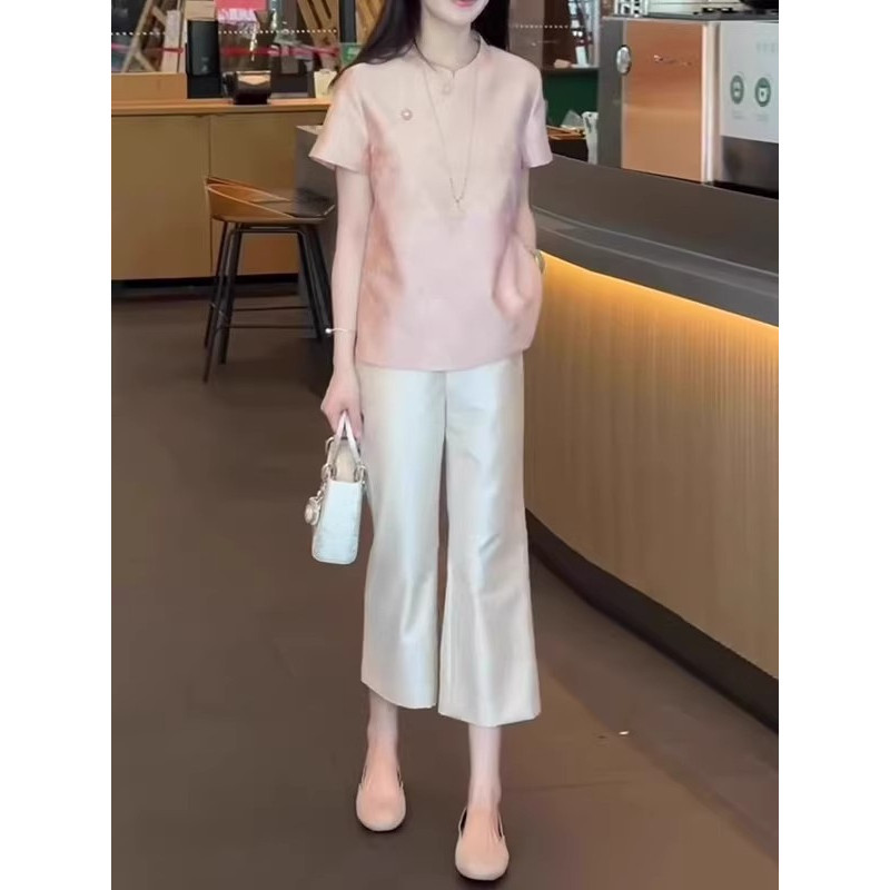2026夏季新款女士新中式国风时尚缎面休闲阔腿裤小个子显瘦七分裤