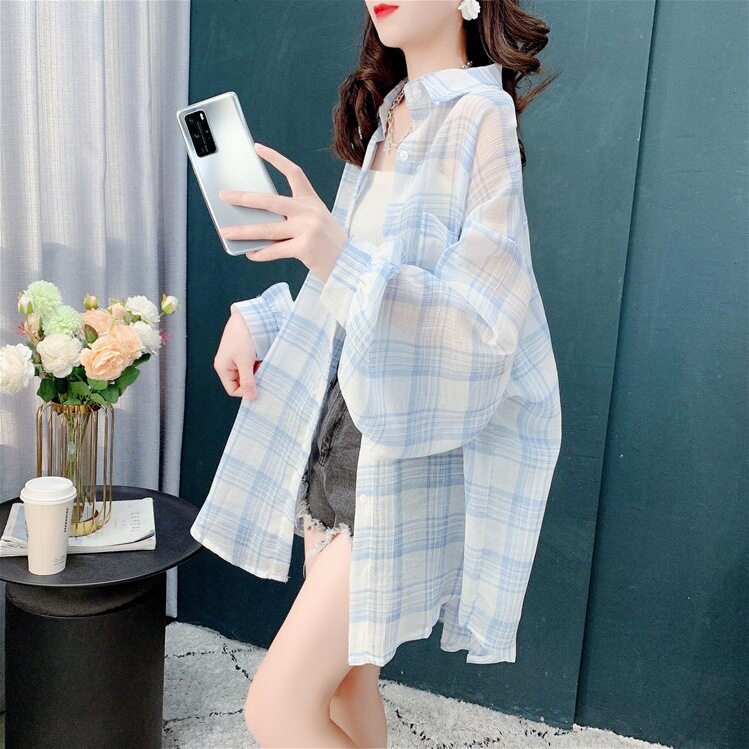 透气防晒衣女长袖冰丝雪纺衬衫春夏季新款大码宽松格子轻薄款外套