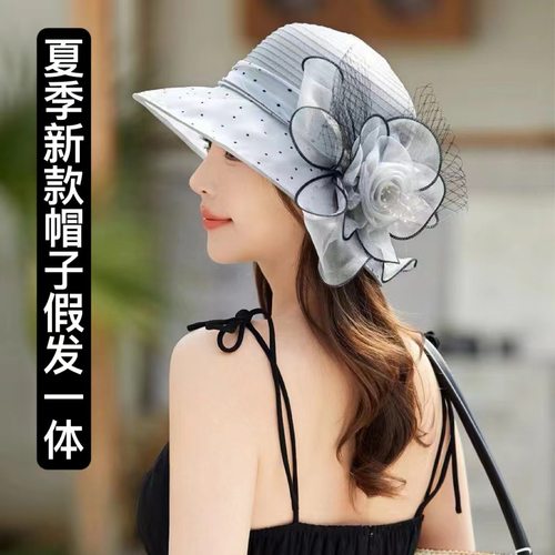 春夏新款帽子假发一体短卷发欧根纱薄款妈妈时尚遮阳防晒帽假发套