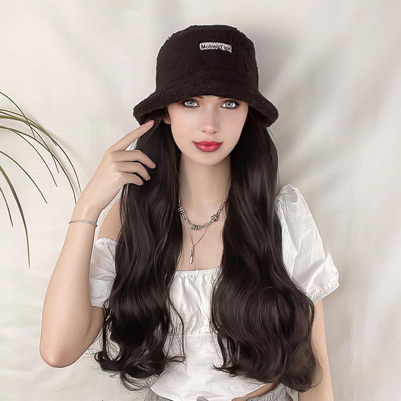 跨境新款时尚欧美羊羔绒帽子假发女一体长卷发自然时尚秋冬渔夫帽