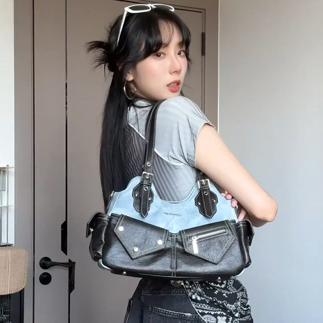 时尚潮款小众设计复古撞色牛仔拼接单肩腋下手提斜挎包包背包韩版,箱包皮具/热销女包/男包,腋下包,淘宝优惠券,粉丝福利购,淘宝优惠卷