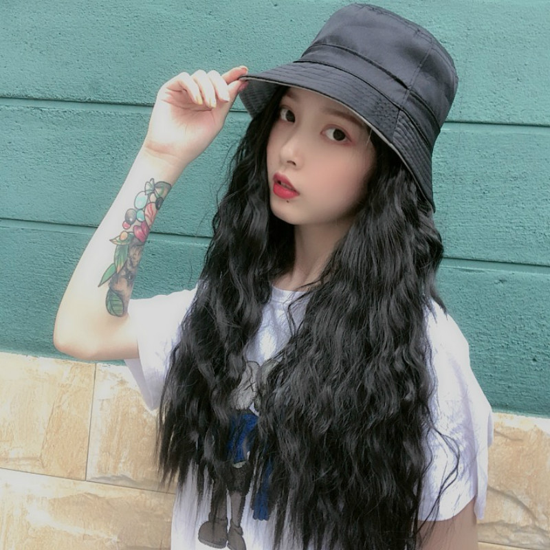 时尚百搭潮款网红同款假发女帽子假发一体长卷发水波纹发型逼真