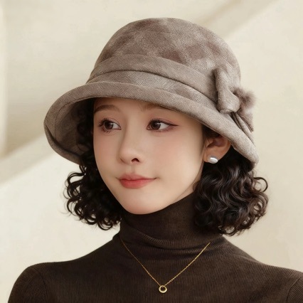 秋冬帽子假发一体优雅气质短卷发蝴蝶结渔夫帽复古格子假发一体帽