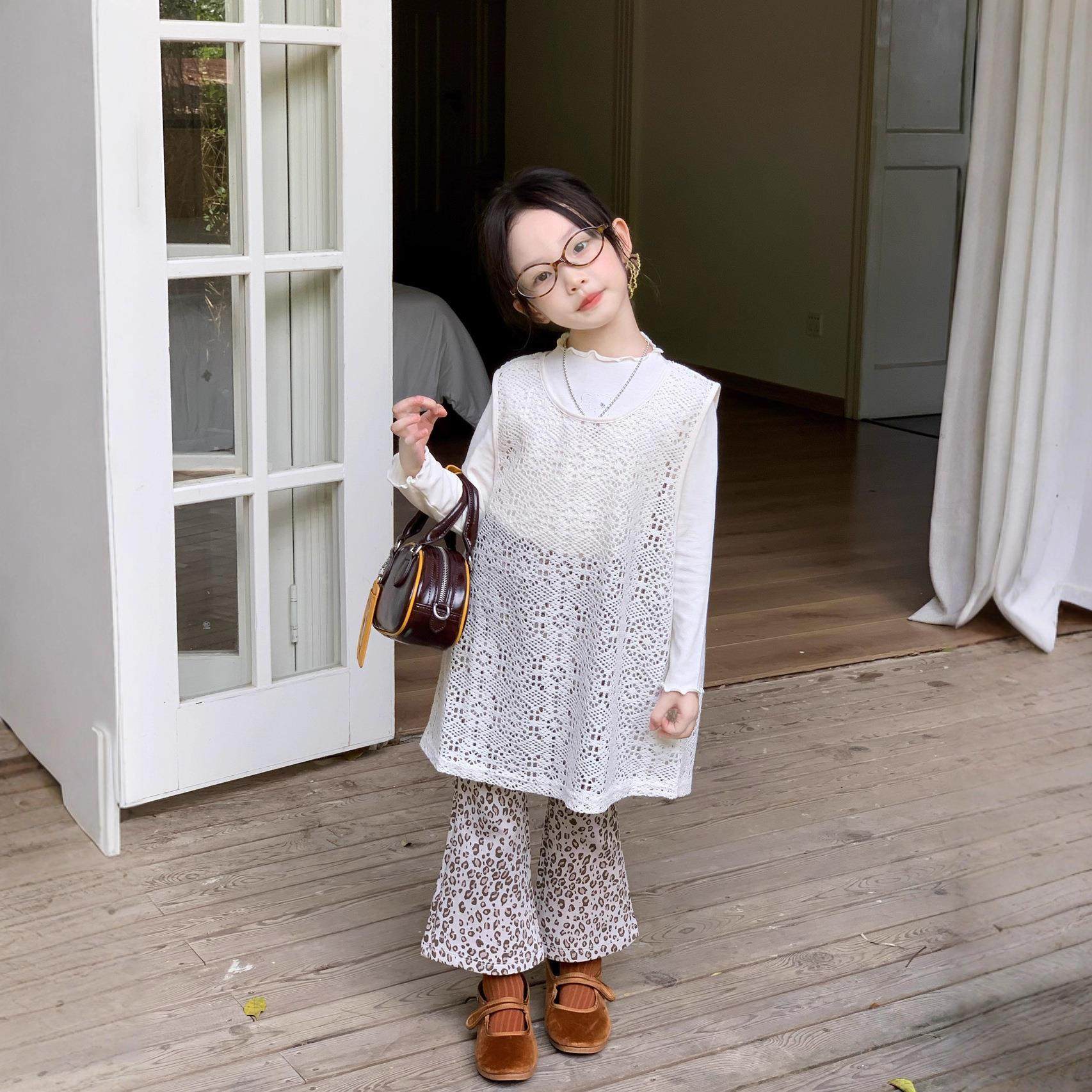 女童豹纹喇叭裤韩版蕾丝背心裙镂空连衣裙密边打底衫套装洋气童装