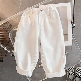 儿童白色牛仔裤2025秋季新款男宝女童纯色洋气百搭休闲长裤子韩版