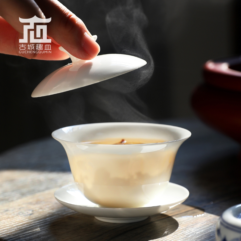 骨瓷纯白小盖碗薄胎不烫手易清洗