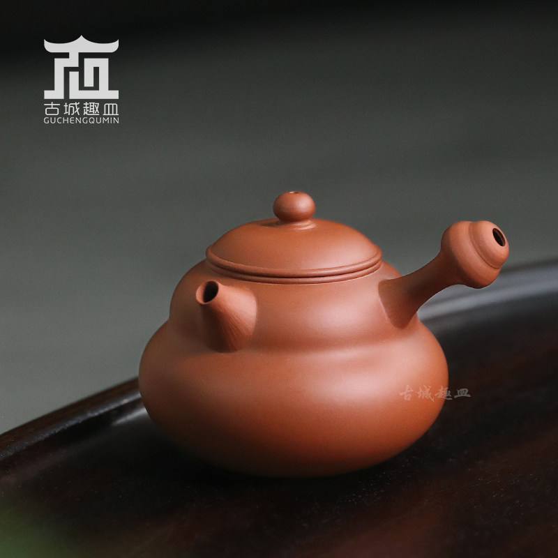 潮州手拉朱泥葫芦小侧把泡茶壶