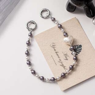 手机挂绳短款手机链绳子爱心手机壳链条金属扣珍珠手腕带装饰链