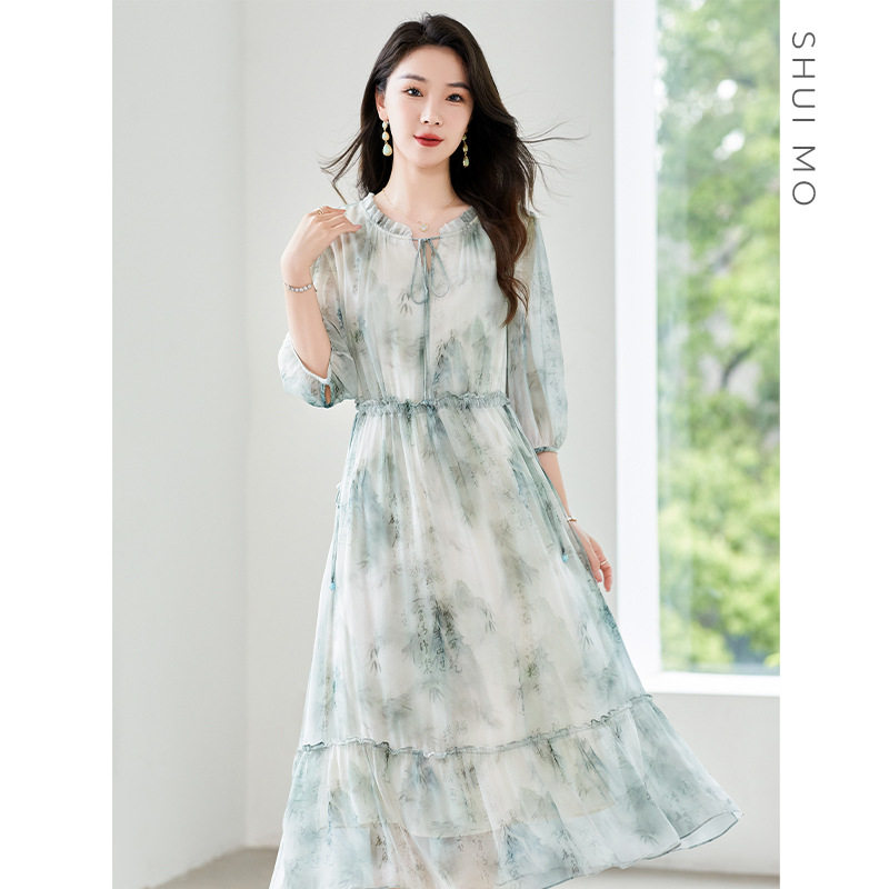 [水墨]杭州环北丝绸重磅真丝连衣裙妈妈款清新大码中长裙82497718
