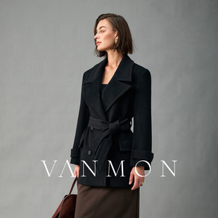 唐嫣同款100纯山羊绒正肩翻领双排扣短款系带大衣女有内衬厚外套