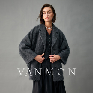 有内衬100纯山羊绒毛呢大衣女宽松茧型翻领蝙蝠袖中长款拉毛外套