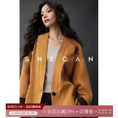 SHECAN【朽木生花】早春刺绣V领亚麻短外套女装新品独特漂亮上衣