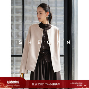 SHECAN【格外】极简百搭圆领上衣短外套女秋冬新款双面毛呢大衣
