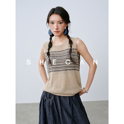 SHECAN【间奏】文艺风素色提花针织背心女夏季无袖外穿坎肩背心
