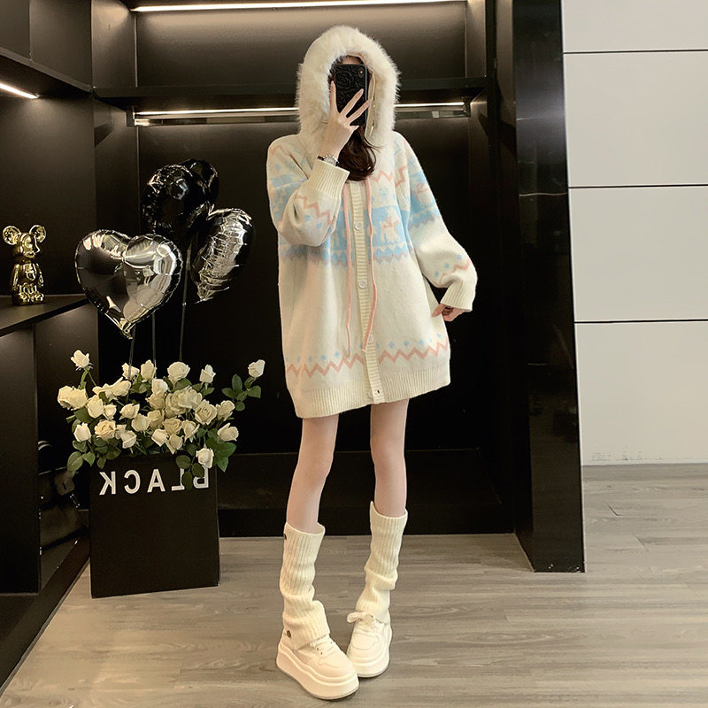 2025新款甜美减龄宽松慵懒风针织开衫连帽毛衣外套穿搭毛衫女秋冬