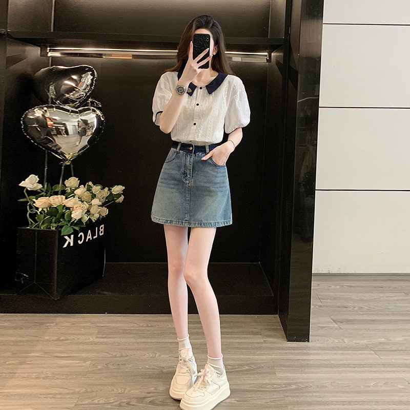 新款淑女气质时尚套裙女夏韩版温柔减龄泡泡袖上衣牛仔短裙两件套