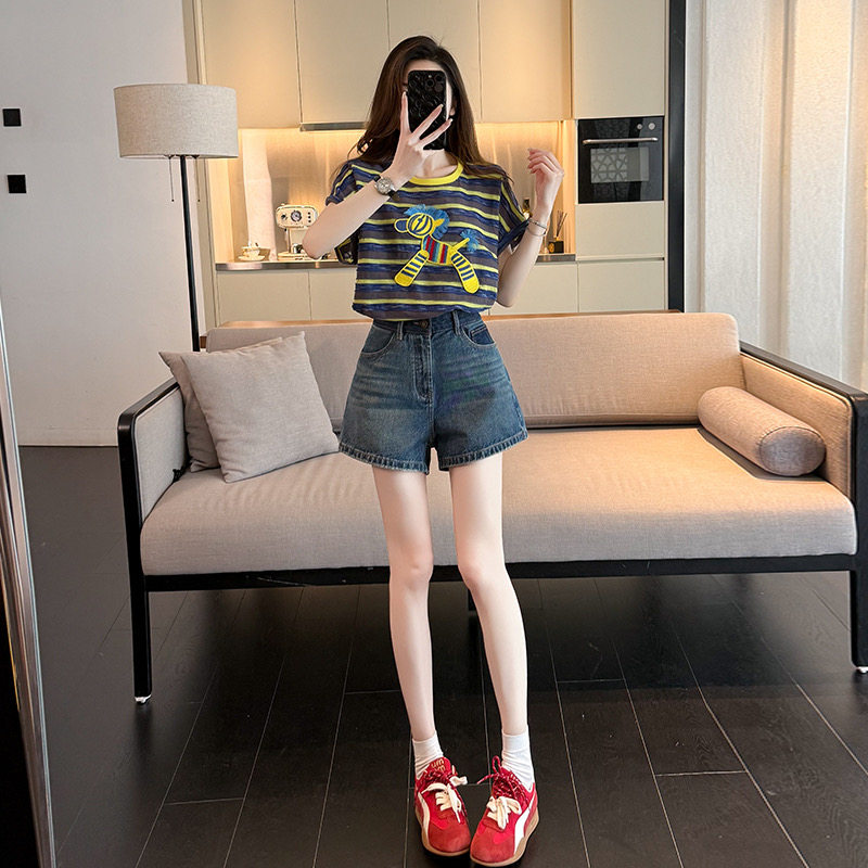 韩版时尚休闲运动套装女夏新款洋气条纹短袖T恤高腰牛仔短裤套装