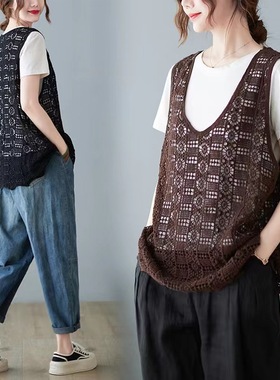 镂空吊带背心女春夏宽松复古文艺范时尚休闲圆点网衫套头外搭上衣