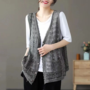 背心上衣 外搭圆点网衫 春夏镂空针织马甲文艺复古宽松休闲时尚 开衫