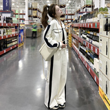 米色撞色运动卫衣套装女2025年秋季新款设计感外套高腰长裤两件套，女装套装/套裙，郎佰婉