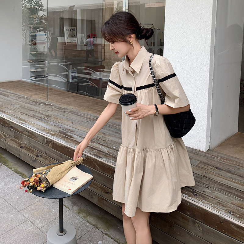 法式复古泡泡袖连衣裙女2025夏季新款高级感气质宽松小个子衬衫裙,女装连衣裙,郎佰婉
