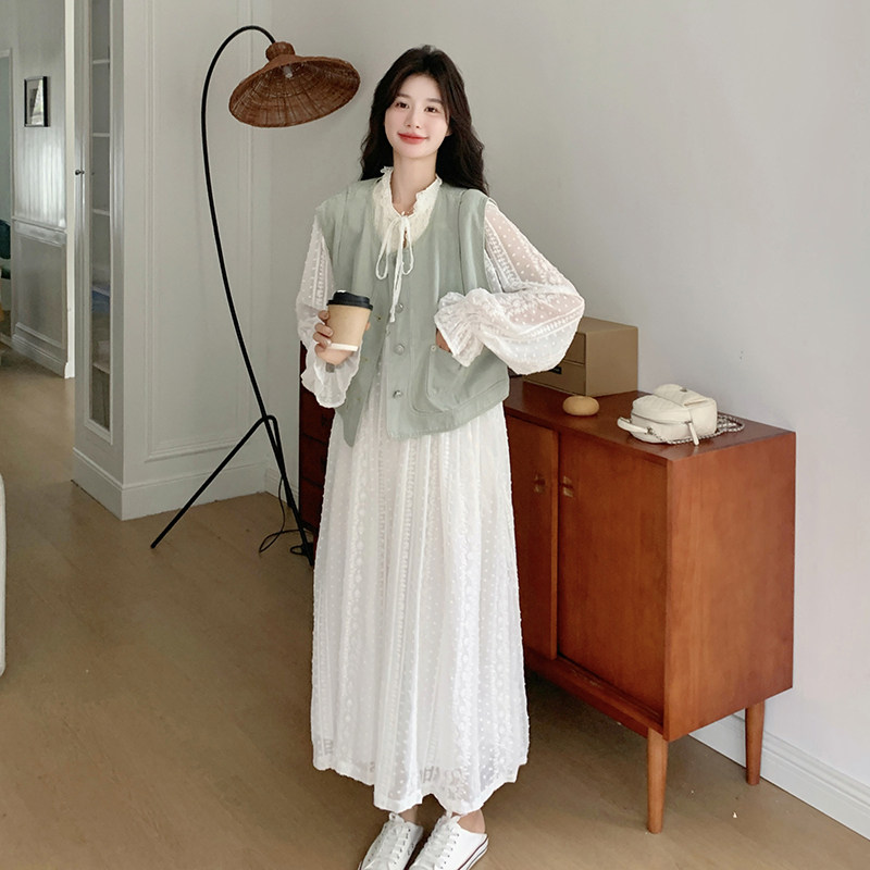 休闲工装马甲蕾丝提花连衣裙女2025春季新款超仙白月光连衣裙套装,女装套装/套裙,郎佰婉
