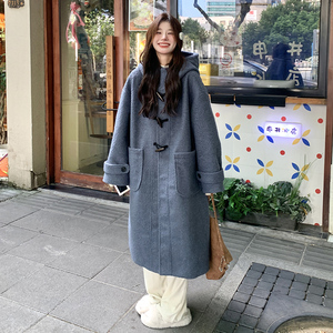 韩系学院风长款连帽呢子大衣女2025冬季新款显瘦加厚保暖毛呢外套图片