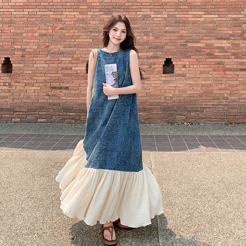 设计感不规则拼接撞色背心长裙女2025年新款夏季慵懒风无袖连衣裙，女装连衣裙，郎佰婉