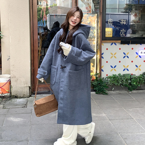 韩系学院风长款连帽呢子大衣女2025冬季新款显瘦加厚保暖毛呢外套图片