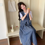 深蓝色轻熟风牛仔马甲套装裙女夏新款小个子气质显瘦百褶裙两件套，商品下架区，郎佰婉