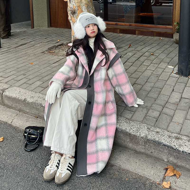 现货2025冬季新款撞色拼接格纹大衣浙宝300/8931/P205控288,女装毛呢外套,郎佰婉