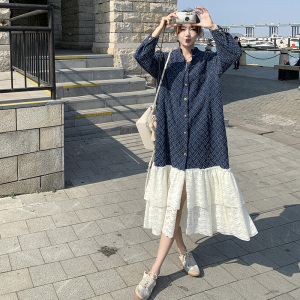 蕾丝拼接牛仔连衣裙女2025年春季新款韩版宽松复古时尚高级感长裙图片