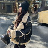 现货2025冬季新款机车风皮毛一体外套浙宝300/8937/P225控318，女装短外套，郎佰婉