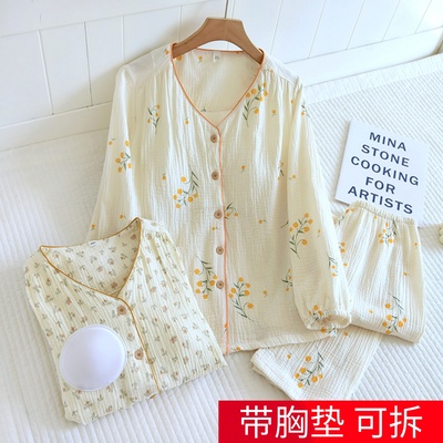女春秋夏薄款纯棉免文胸长袖睡衣