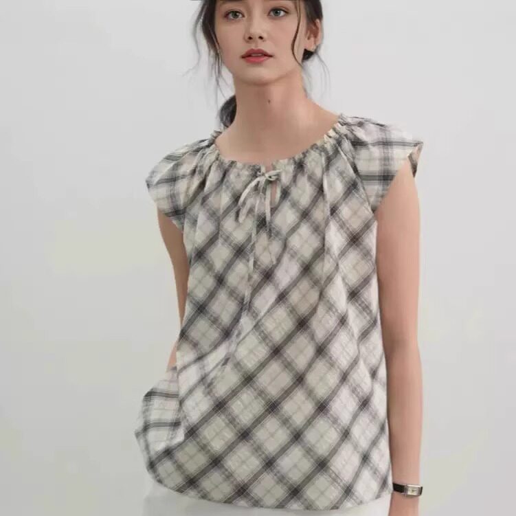 设计感小众法式复古黑白格子T恤减龄小衫短款小飞袖独特别致上衣
